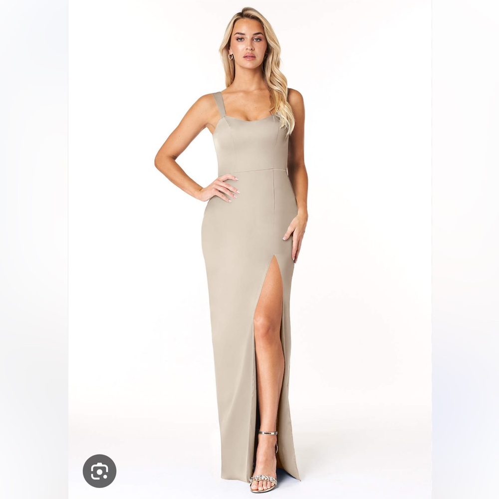 Azazie Nessi Frost Beige Maxi Dress 16 NWT